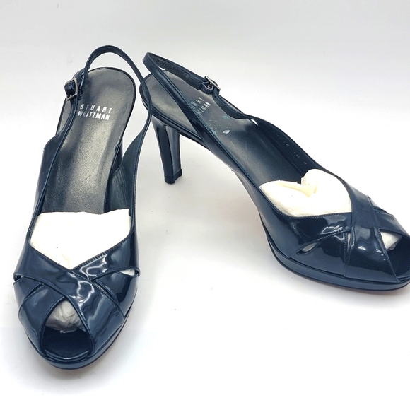 Stuart Weitzman Shoes - Never Worn! Stuart Weitzman Peep-Toe Patent Leather Navy Pumps Size 10.5 #1526